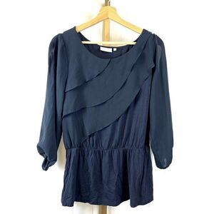 Anthropologie Deletta 3/4 sleeve Flowy Navy Blue Blouse Sz S EUC